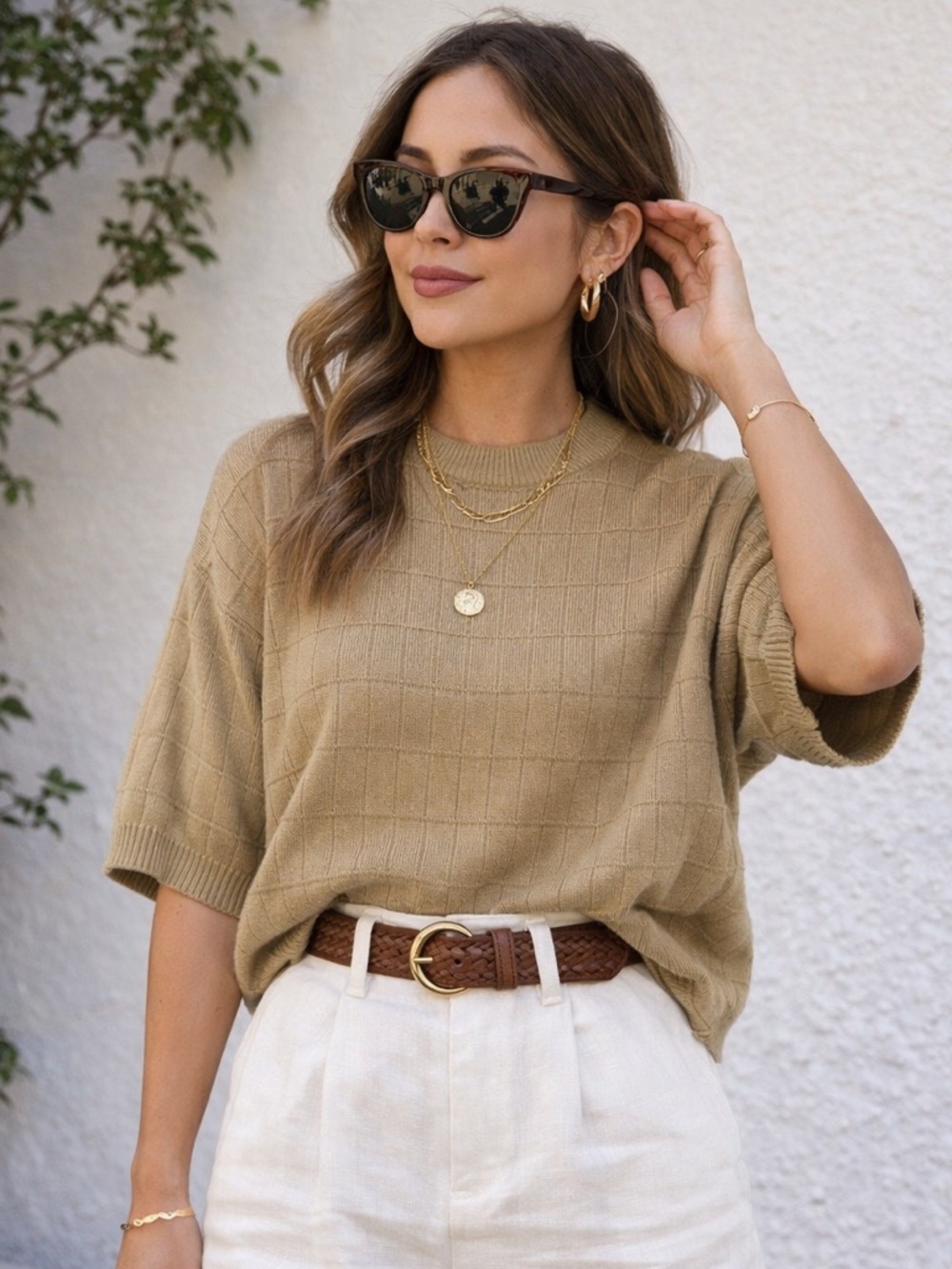 Silk Cotton Knit Sweater Tee Textured Oversized Neutral Top